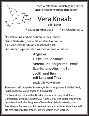 Traueranzeigen Von Vera Knaab Wirtrauern