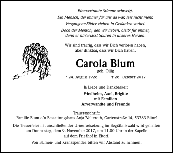 Traueranzeigen Von Carola Blum WirTrauern