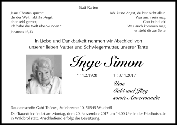 Traueranzeigen Von Inge Simon Wirtrauern