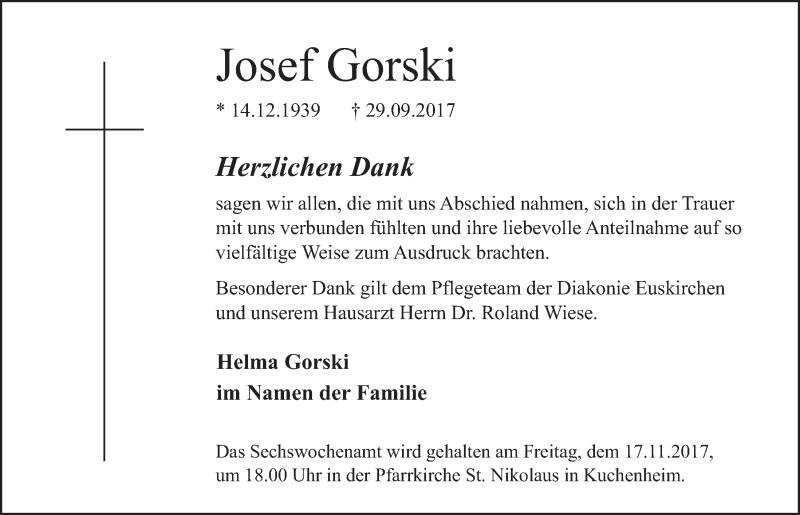 Traueranzeigen Von Josef Gorski Wirtrauern