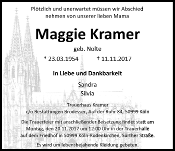 Traueranzeigen Von Maggie Kramer WirTrauern