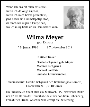 Traueranzeigen Von Wilma Meyer WirTrauern