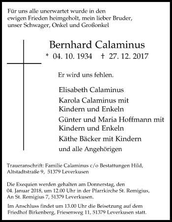 Traueranzeigen Von Bernhard Calaminus WirTrauern