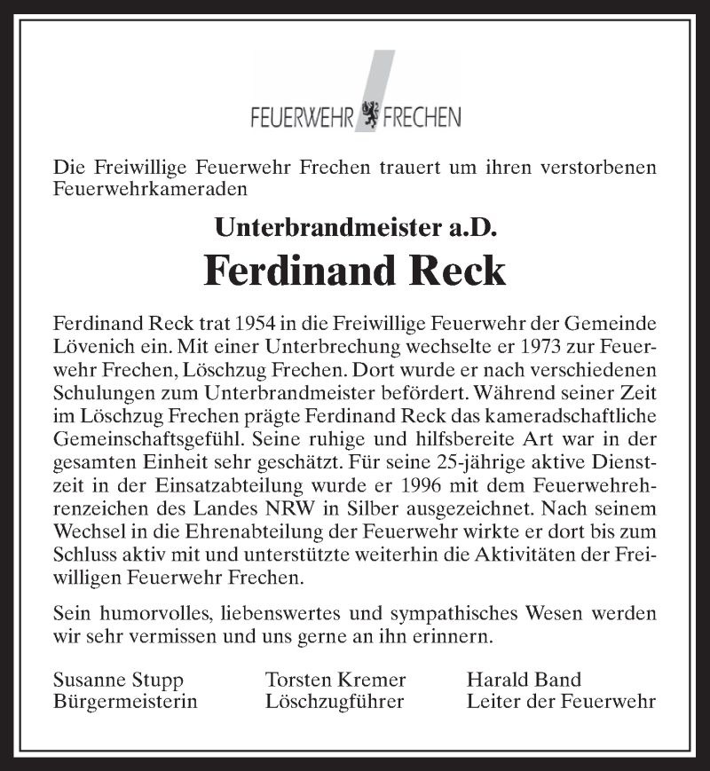 Traueranzeigen Von Ferdinand Reck Wirtrauern