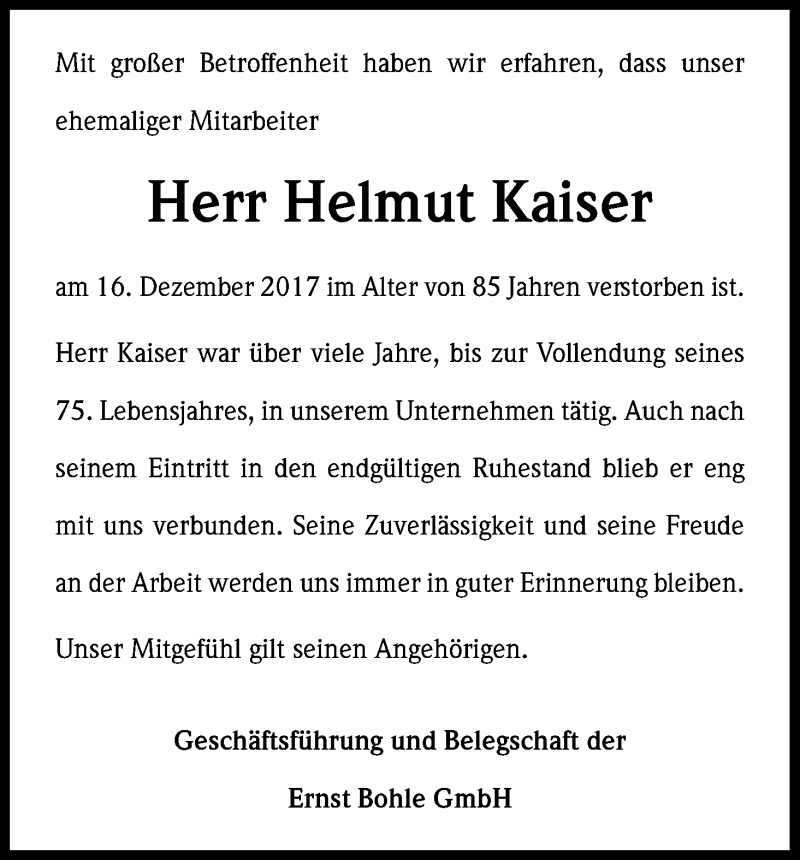 Traueranzeigen Von Helmut Kaiser Wirtrauern