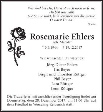 Traueranzeigen Von Rosemarie Ehlers WirTrauern