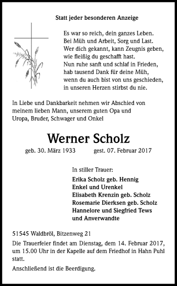 Traueranzeigen Von Werner Scholz WirTrauern