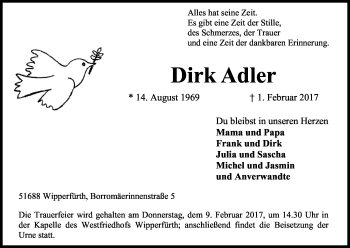 Traueranzeigen Von Dirk Adler Wirtrauern