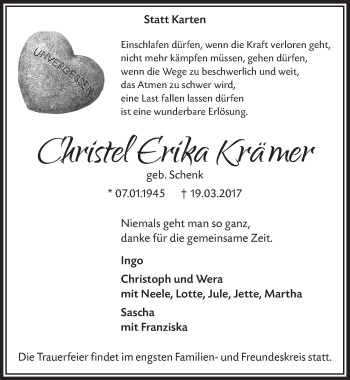 Traueranzeigen Von Christel Erika Kr Mer Wirtrauern