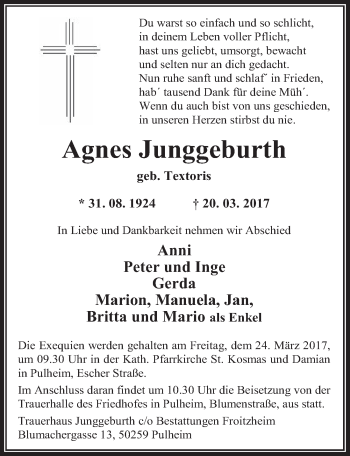 Traueranzeigen Von Agnes Junggeburth Wirtrauern