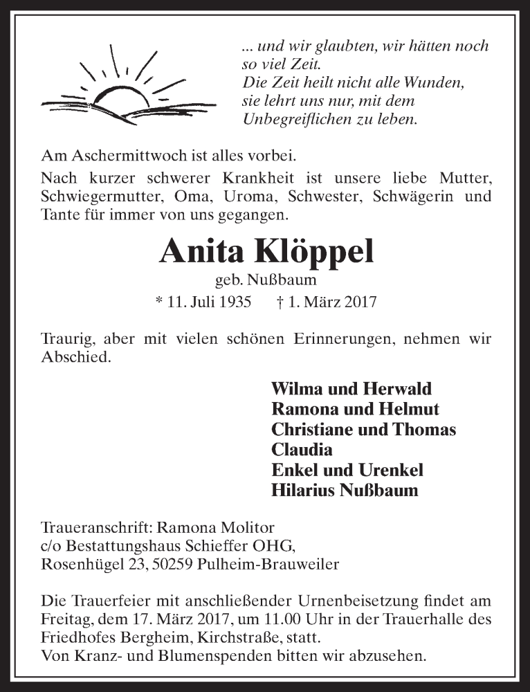 Traueranzeigen von Anita Klöppel WirTrauern