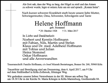 Traueranzeigen Von Helene Hoffmann Wirtrauern