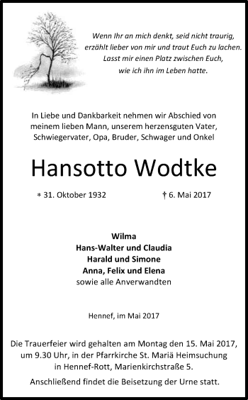 Anzeige von Hansotto Wodtke von Kölner Stadt-Anzeiger / Kölnische Rundschau / Express