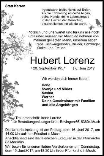 Traueranzeigen Von Hubert Lorenz Wirtrauern