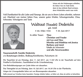 Traueranzeigen Von Waltraut Dederichs WirTrauern