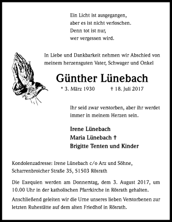 Traueranzeigen von Günther Lünebach WirTrauern