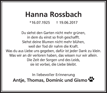 Traueranzeigen Von Hanna Rossbach WirTrauern