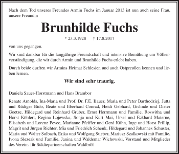 Traueranzeigen Von Brunhilde Fuchs Wirtrauern