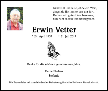 Traueranzeigen Von Erwin Vetter Wirtrauern