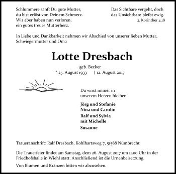 Traueranzeigen Von Lotte Dresbach WirTrauern