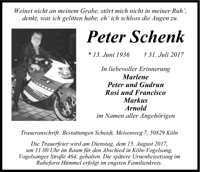 Traueranzeigen Von Peter Schenk Wirtrauern