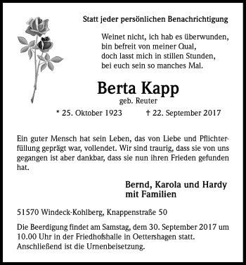 Traueranzeigen Von Berta Kapp Wirtrauern