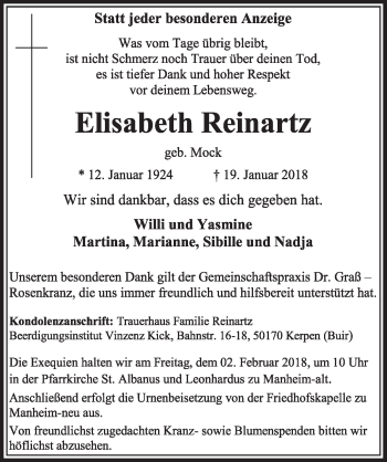 Traueranzeigen Von Elisabeth Reinartz Wirtrauern