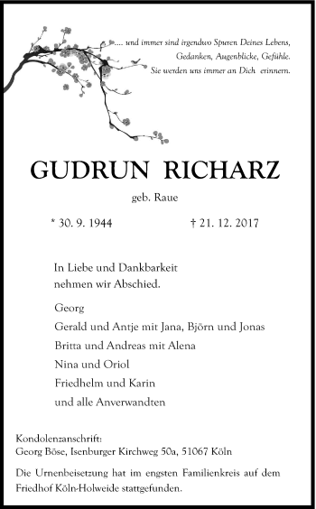 Traueranzeigen Von Gudrun Richarz Wirtrauern