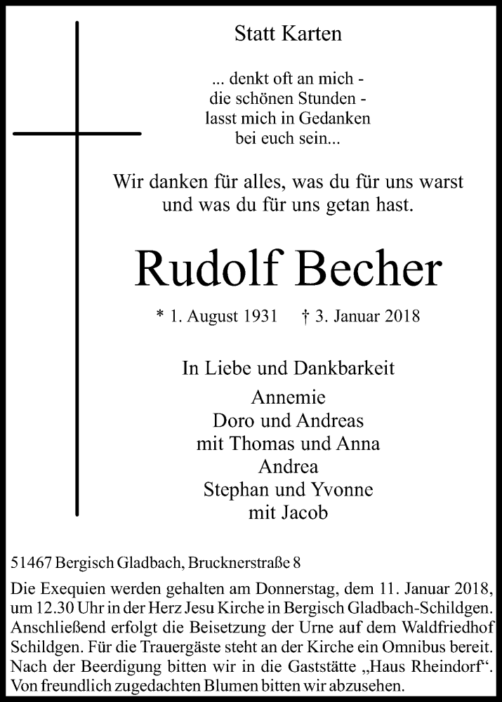 Traueranzeigen Von Rudolf Becher Wirtrauern