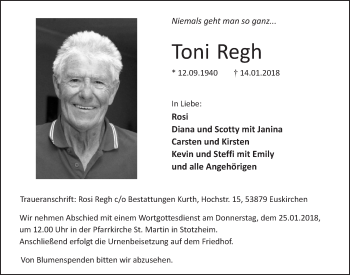 Traueranzeigen Von Toni Regh WirTrauern