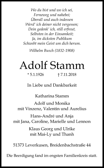 Traueranzeigen Von Adolf Stamm WirTrauern