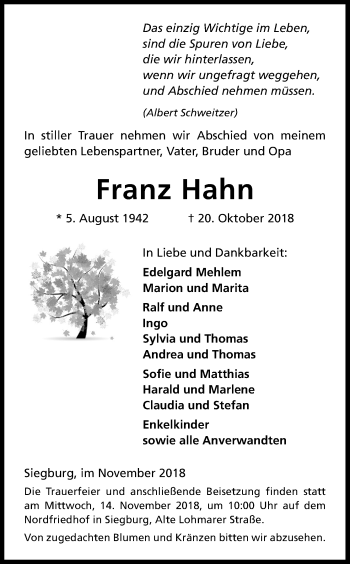 Traueranzeigen Von Franz Hahn Wirtrauern