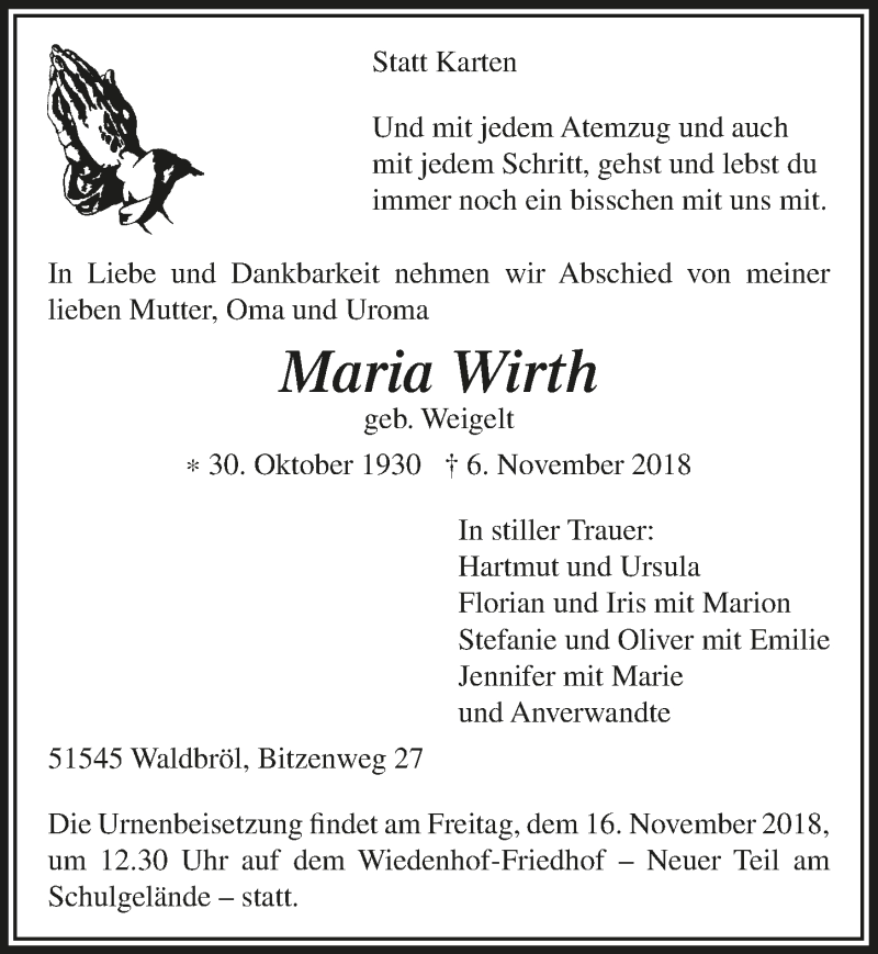 Traueranzeigen Von Maria Wirth WirTrauern