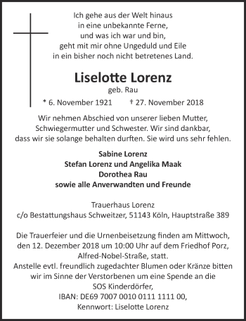 Traueranzeigen Von Liselotte Lorenz WirTrauern