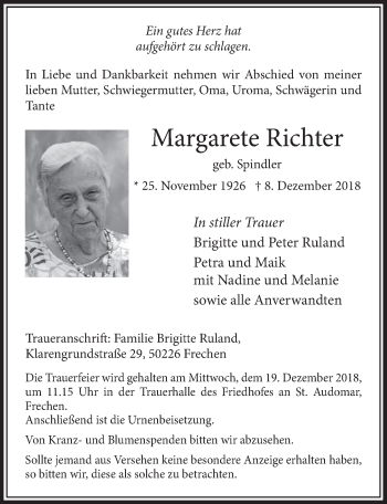 Traueranzeigen Von Margarete Richter WirTrauern