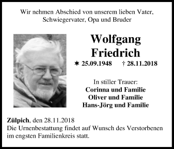 Traueranzeigen Von Wolfgang Friedrich Wirtrauern