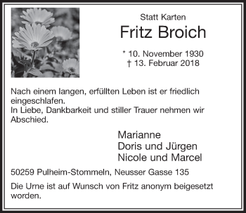 Traueranzeigen Von Fritz Broich WirTrauern