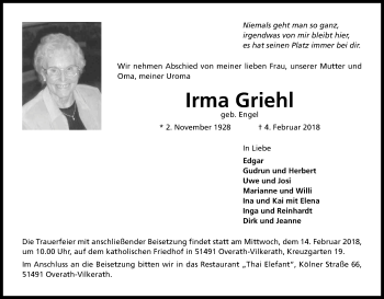 Traueranzeigen Von Irma Griehl Wirtrauern