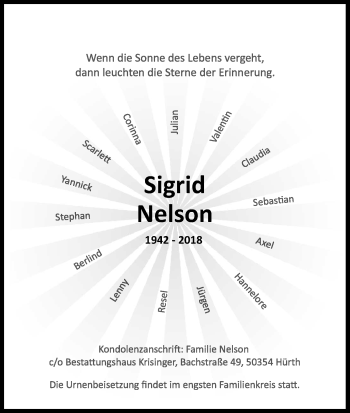 Traueranzeigen Von Sigrid Nelson WirTrauern