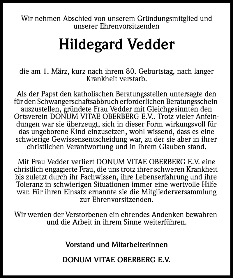 Traueranzeigen Von Hildegard Vedder WirTrauern