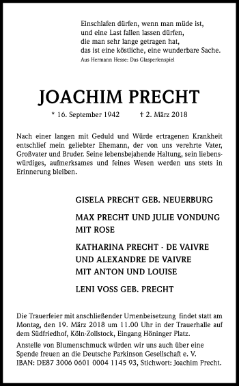 Traueranzeigen Von Joachim Precht WirTrauern