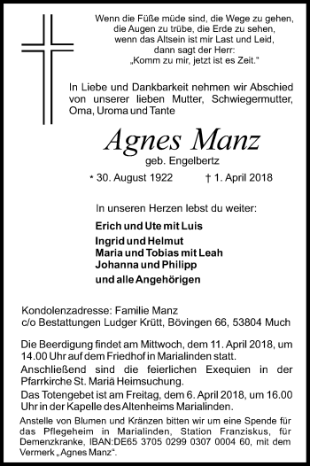 Traueranzeigen Von Agnes Manz WirTrauern