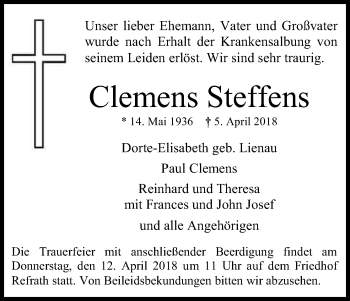 Traueranzeigen Von Clemens Steffens Wirtrauern