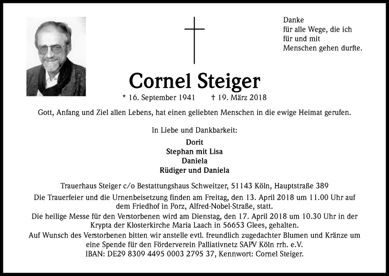 Traueranzeigen Von Cornel Steiger WirTrauern