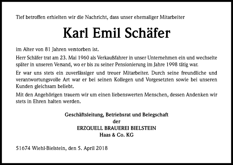 Traueranzeigen Von Karl Emil Sch Fer Wirtrauern