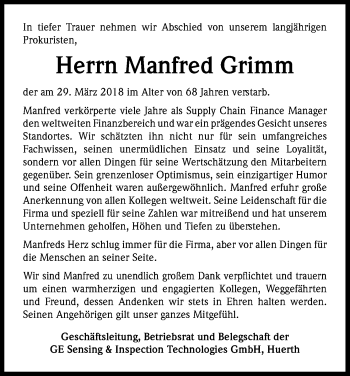 Traueranzeigen Von Manfred Grimm WirTrauern