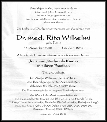 Traueranzeigen Von Rita Wilhelmi WirTrauern