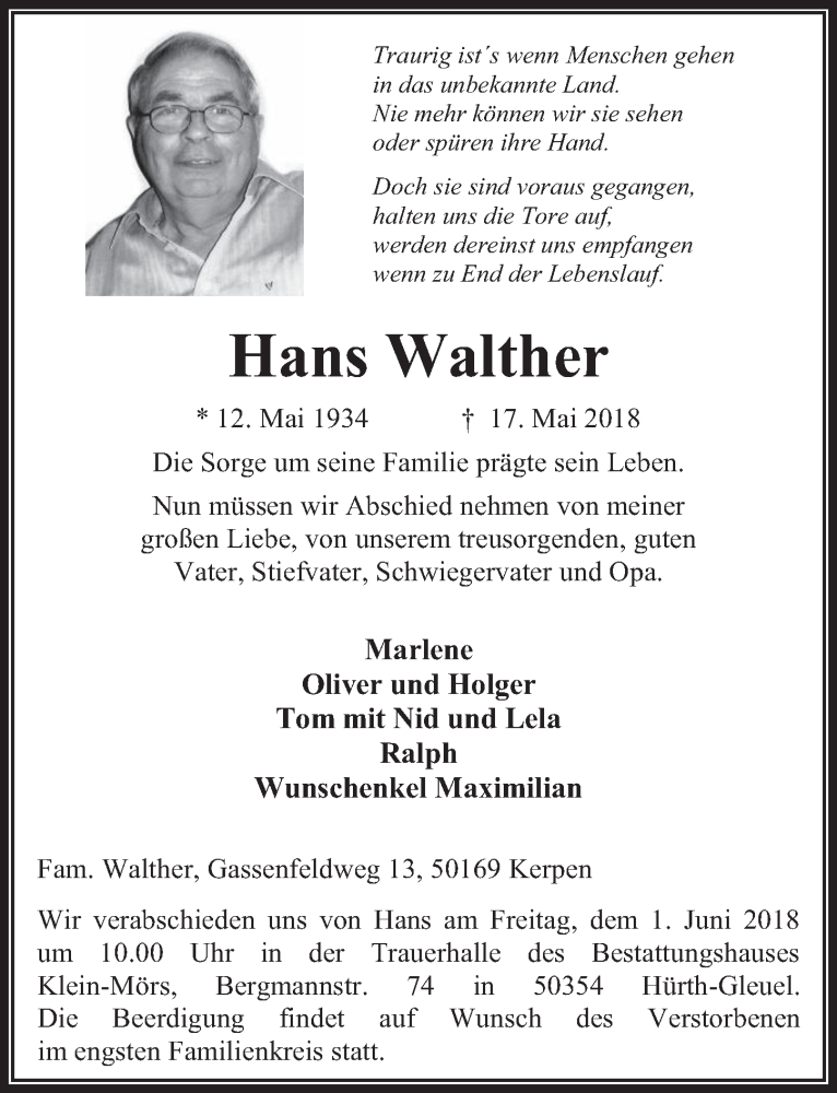 Traueranzeigen Von Hans Walther WirTrauern