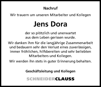 Traueranzeigen Von Jens Dora WirTrauern