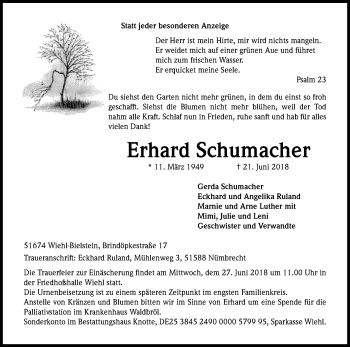 Traueranzeigen Von Erhard Schumacher Wirtrauern